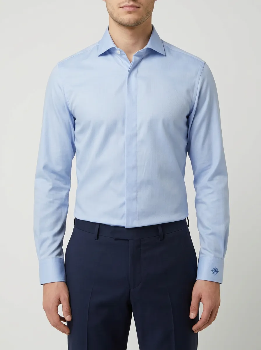 Men's Non-Iron Cotton Compass Embroidered Long Sleeve Shirt
