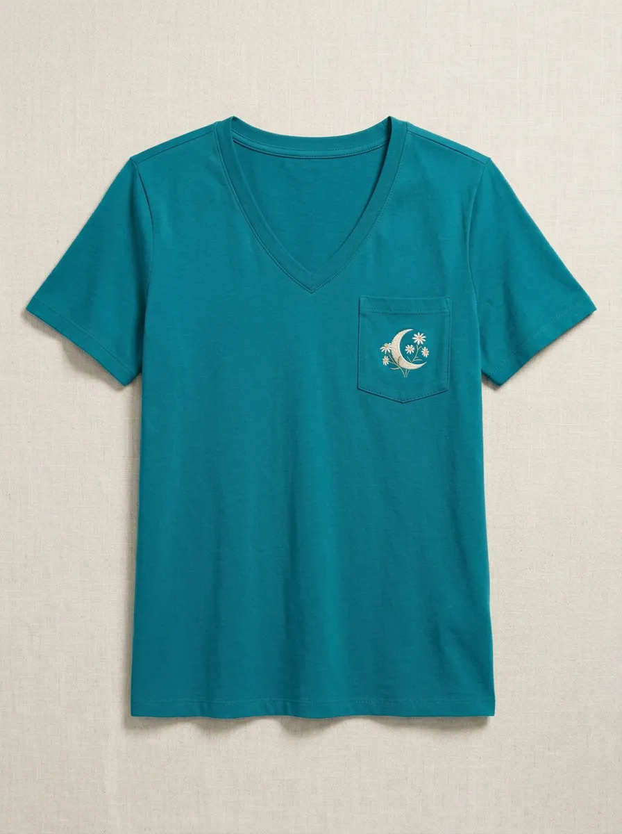 Women's Celestial Moon & Daisy Embroidered Pocket V-Neck T-Shirt