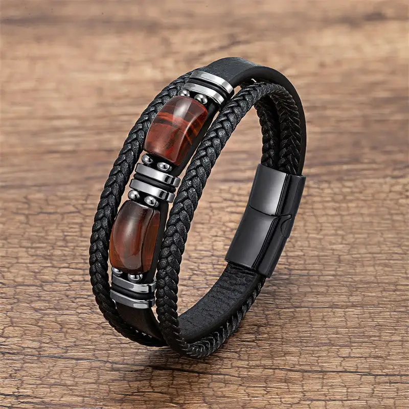 Tiger Eye Stone Willpower Multi Layer Leather Bracelet