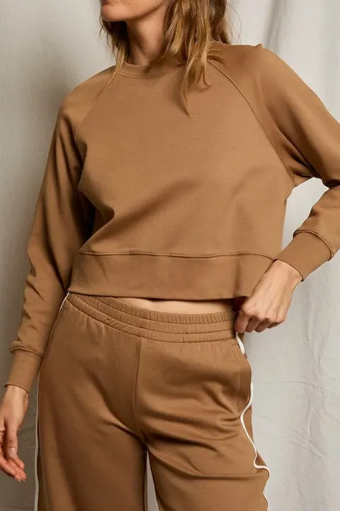 Tan Cropped Raglan Sleeve Sweatshirt