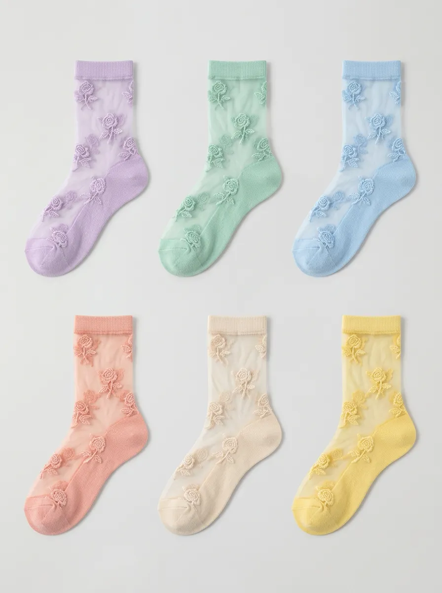Women's Pastel Floral Aesthetic Sheer Printed Socks 6-Pack