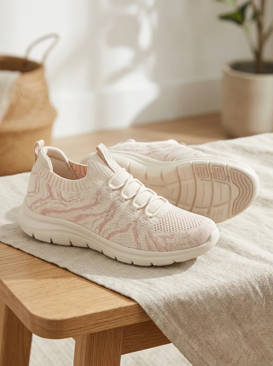 Women's Beige Pink Marble Pattern Printed Sneakers