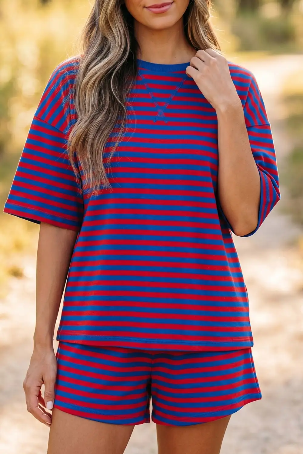 Women's Striped Ribbed Cotton Two-piece Short Set with Chest Patch Detail