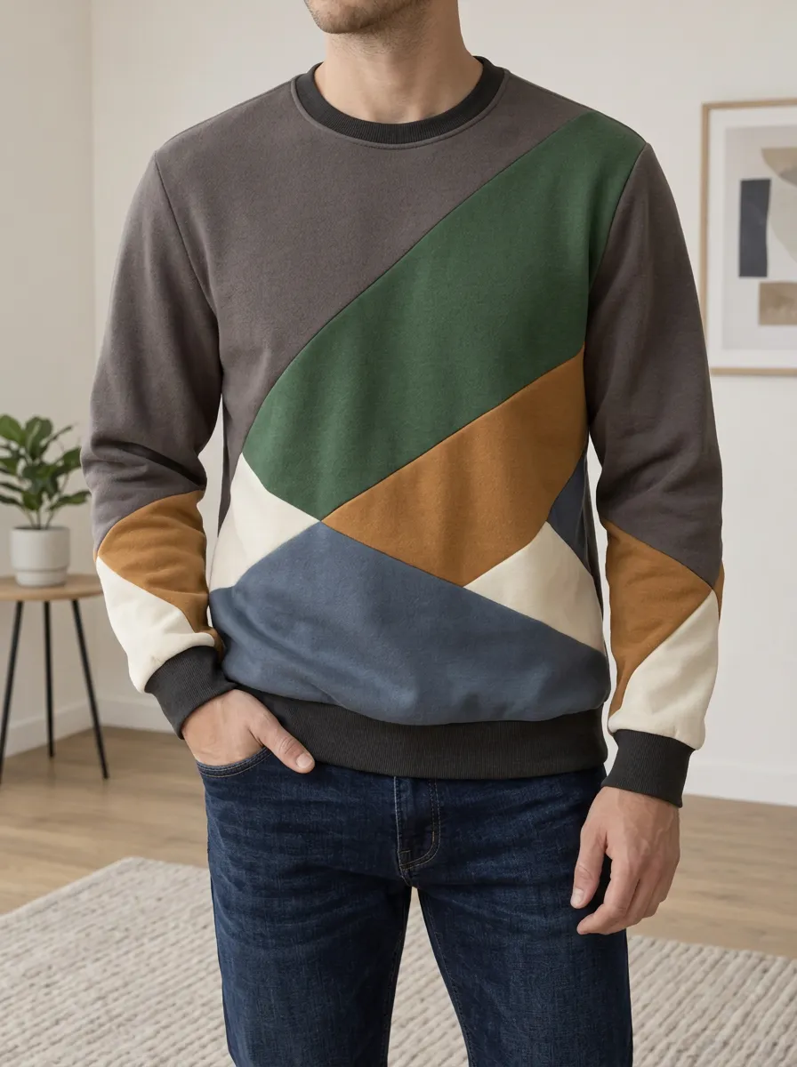 Men's Geometric Color Block Pattern Printed Fleece Sweatshirt