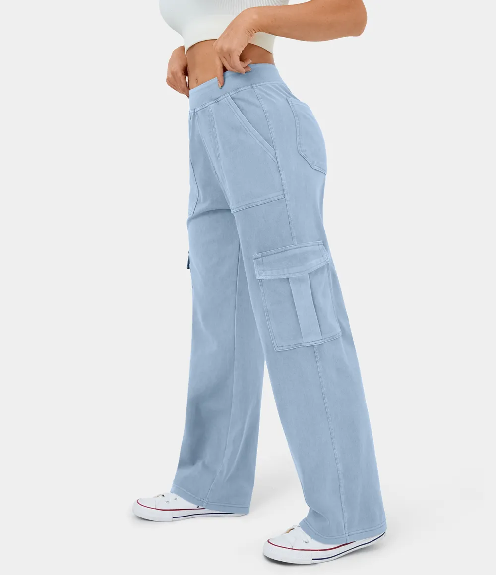 Magic Mid Rise Multiple Pockets Straight Leg Stretchy Knit Casual Cargo Jeans