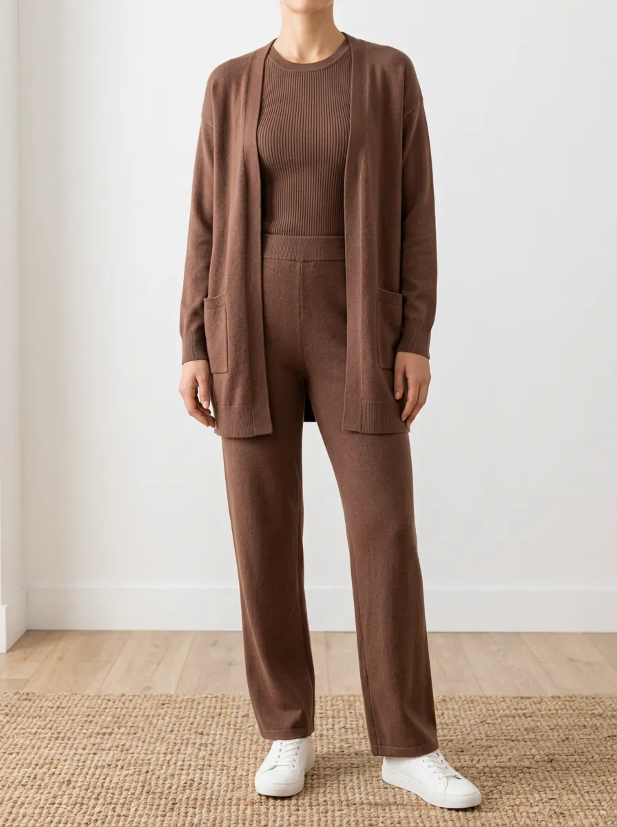 Women's Off Duty Ribbed Knit Cardigan And Pants With Tank Top Three Piece Outfit