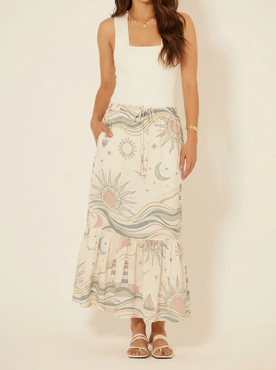 Women's Boho Coastal Sun Moon Lighthouse Printed Maxi Skirt