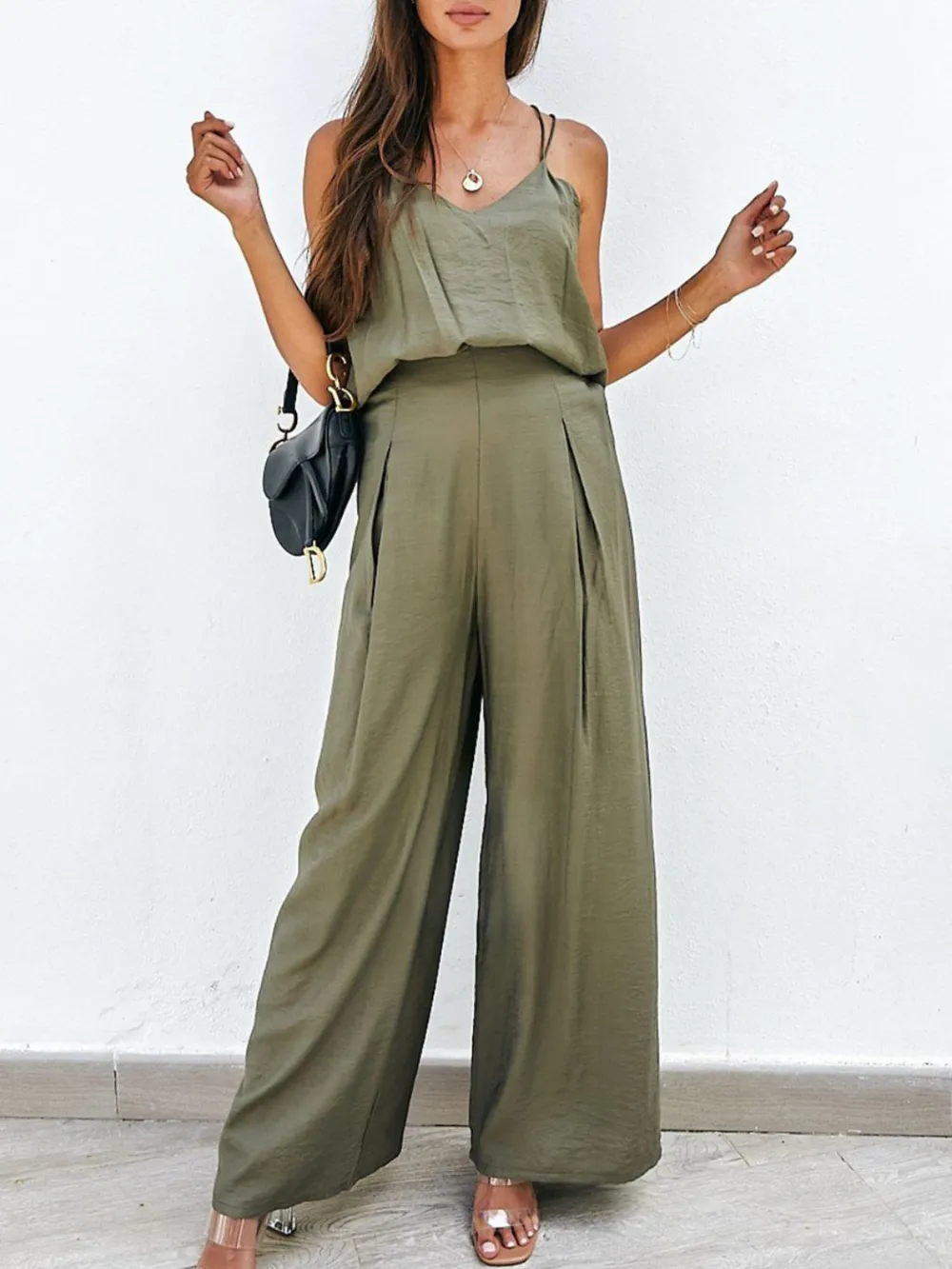 Spaghetti Strap Cami And Wide Leg Pants Set