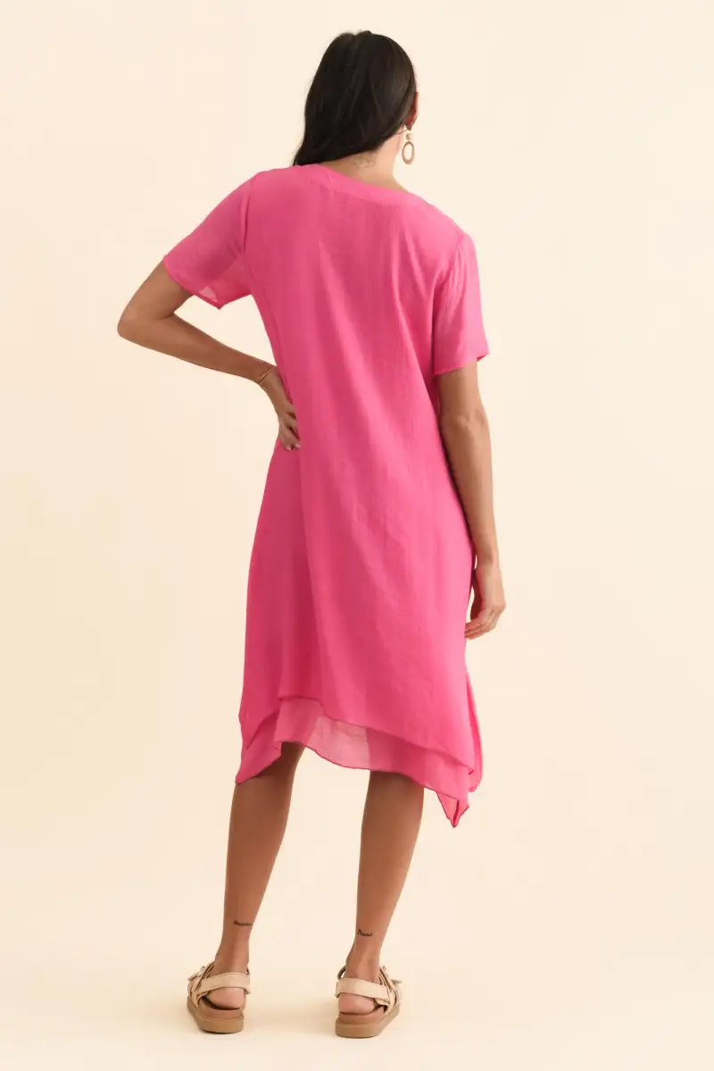 Viscose Button-Front V-Neck Short-Sleeve A-Line Asymmetric-Hem Below-Knee Dress