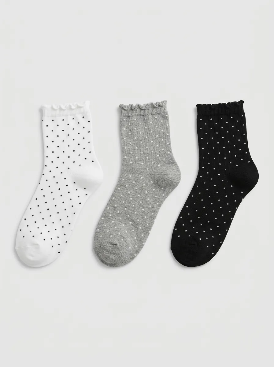 Women's Polka Dot Pattern Ruffled Trim Printed Socks 3-Pack