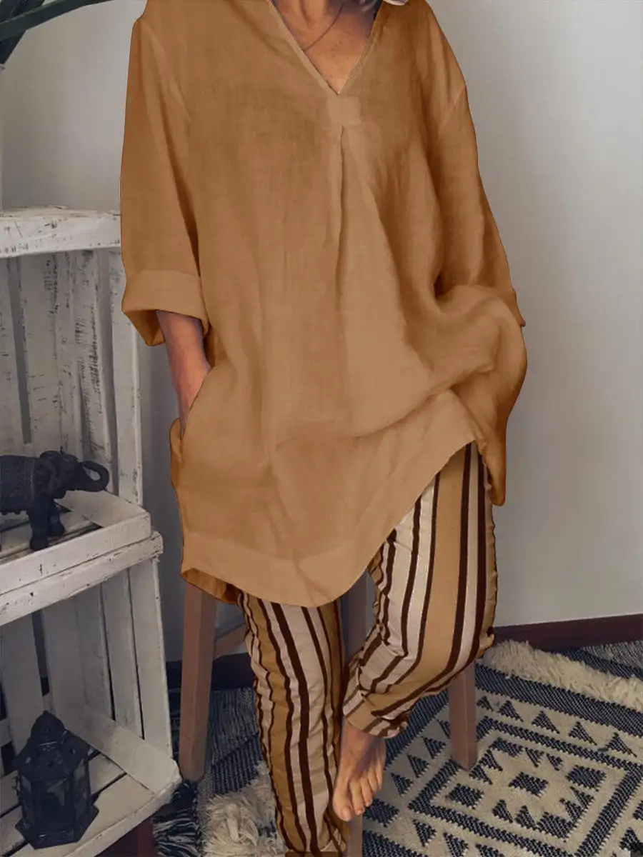 Women's V-neck Long Version Tee And Heavy Stripe Pants Suits