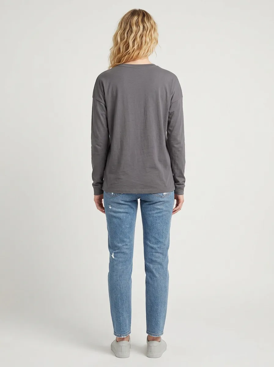 Women's Minimalist Casual Solid Grey Long Sleeve T-shirt