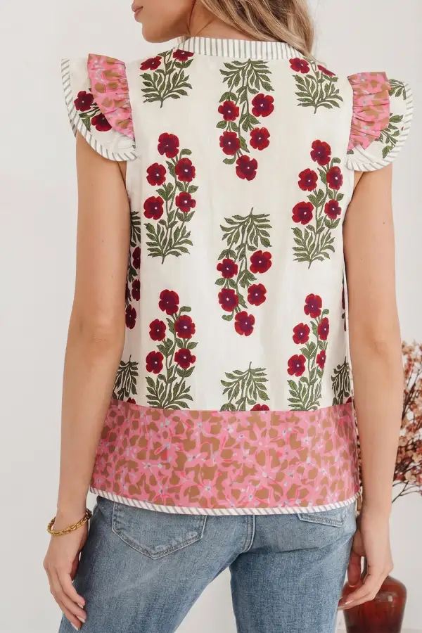 Women's Floral Print Striped Contrast Trim Top