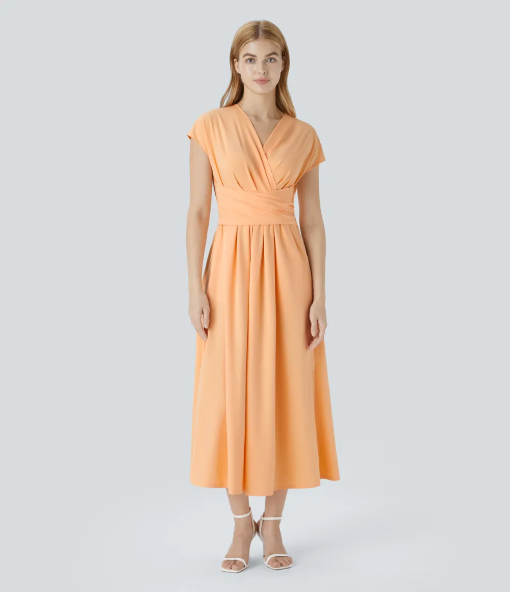 Breezeful V Neck Short Sleeve Side Pocket Tie Back Quick Dry Midi Casual Dress