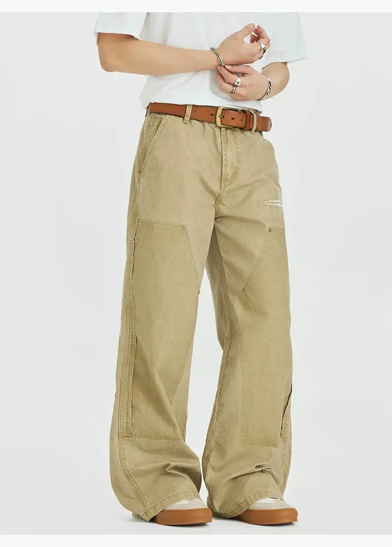 Wide-Leg Distressed Washed Workwear Jeans
