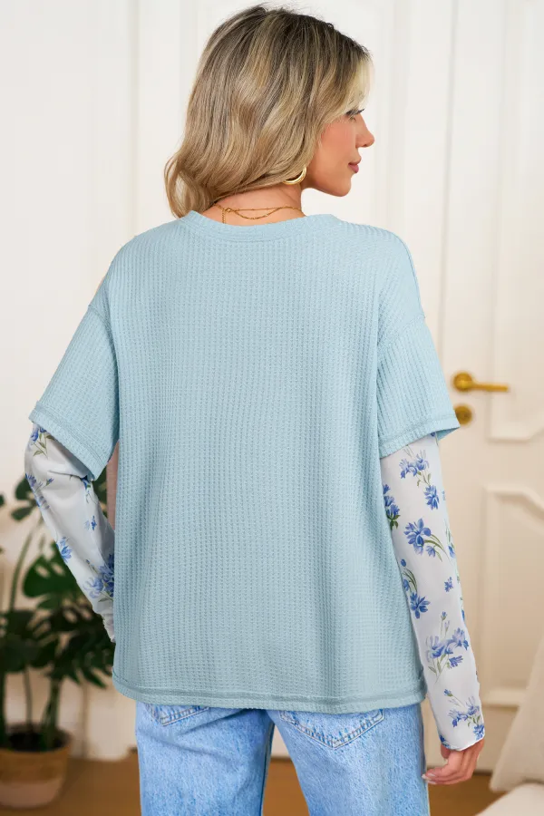Beau Blue Floral Lace Sleeve Top