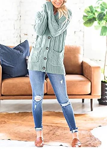 Women's Cable Knit Cardigan Long Sleeve Open Front Button Down Knitwear Sweater Coat