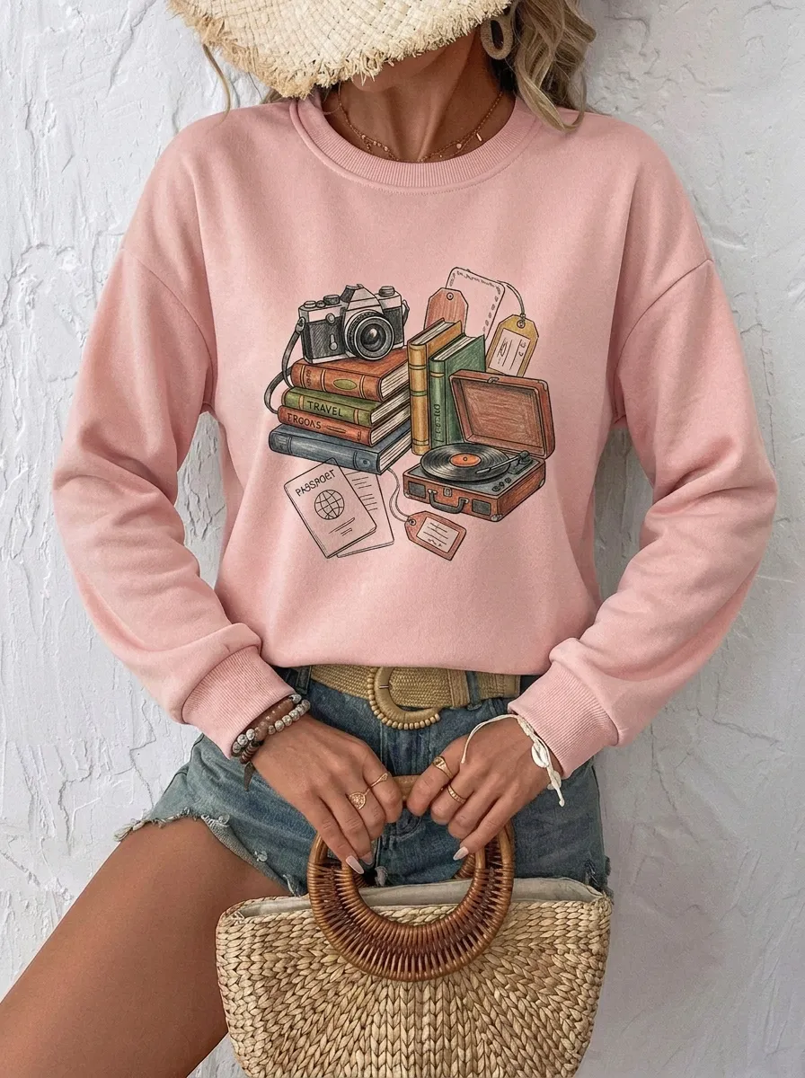 Women's Travel Book Camera Record Player Graphic Sweatshirt