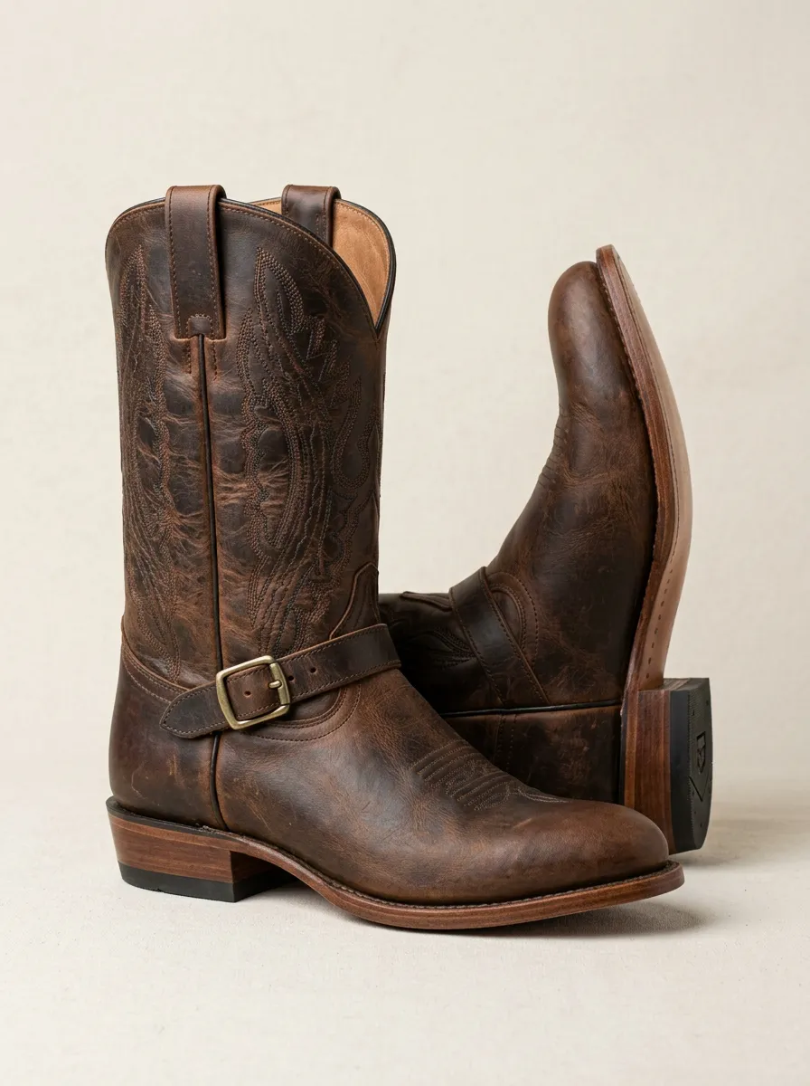 Men's Western Cowboy Brown Leather Buckle Stitched Cowboy Boots