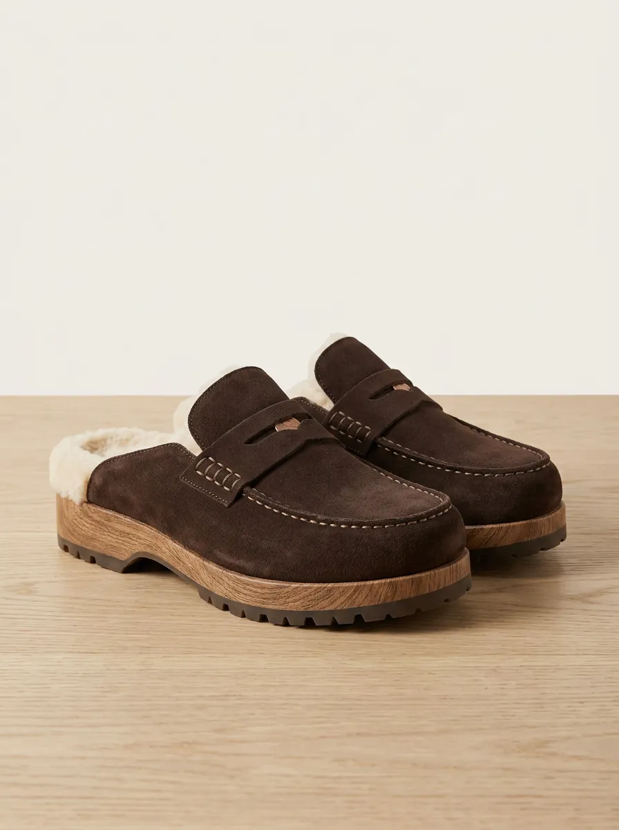 Women's Worksite Faux Fur Lined Winter Suede Wood Sole Loafers