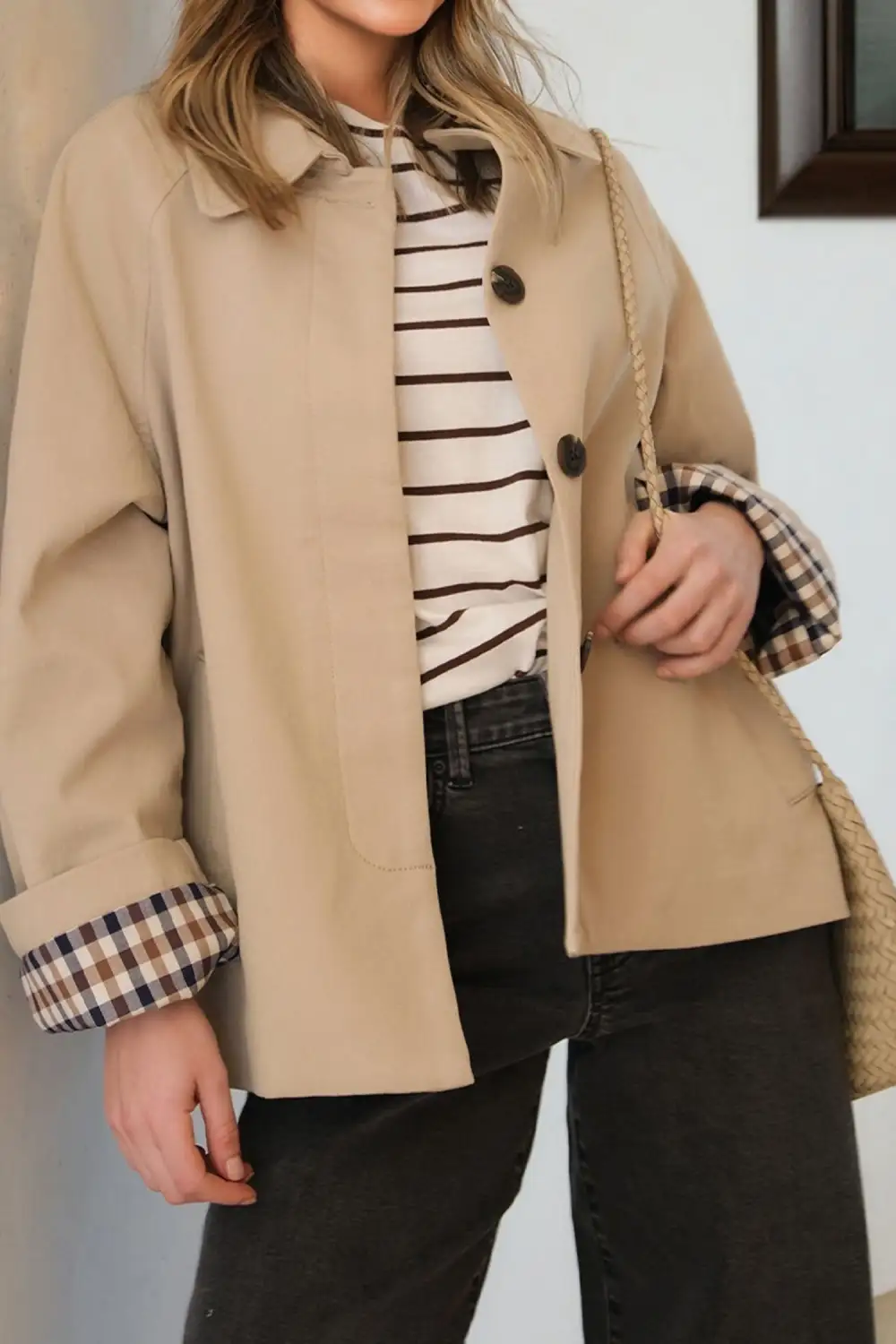 Women's Plaid Liner Patchwork Single Breasted Trench Coat