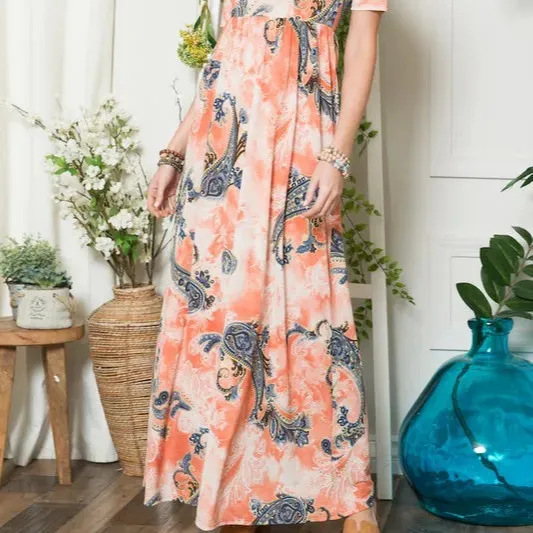 Paisley Print Short Sleeve Maxi Dress with Pockets
