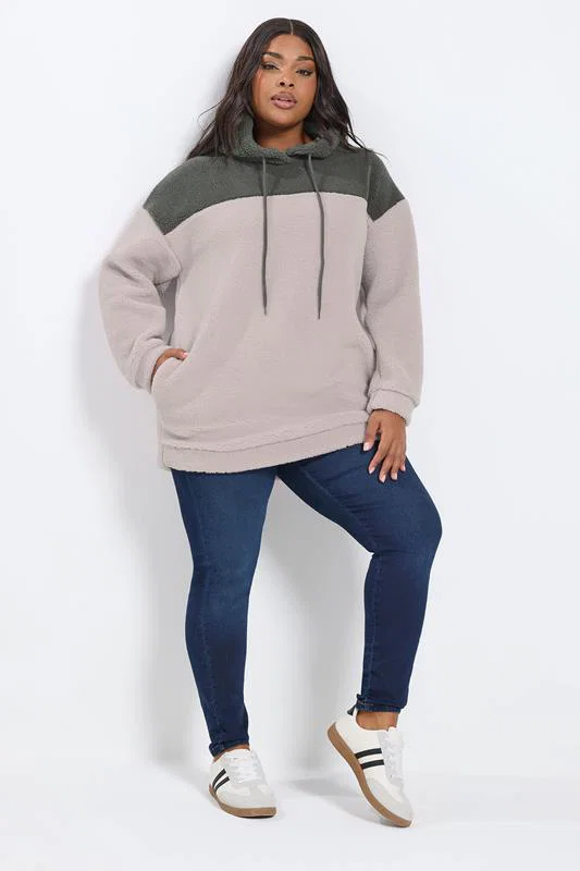 Grey & Purple Colourblock Teddy Fleece Hoodie detail 1