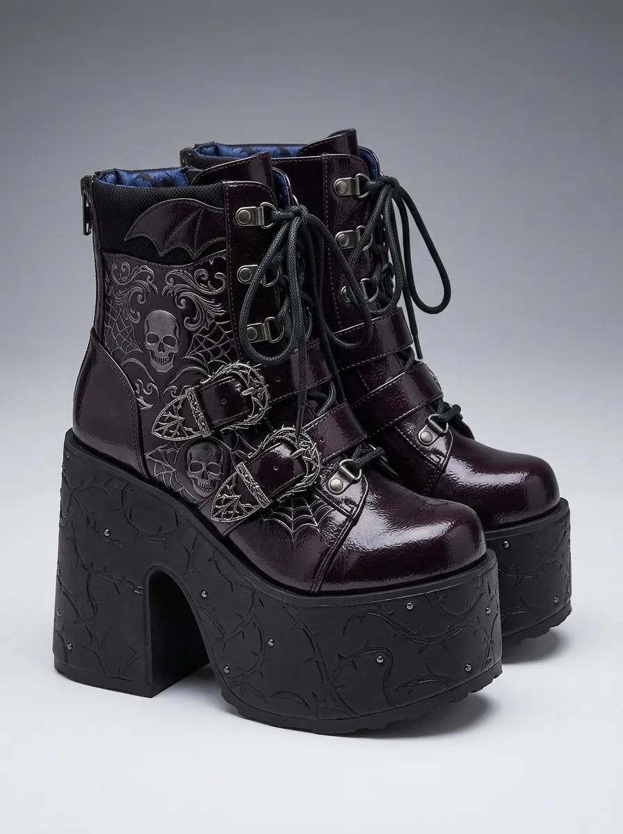 Mystic Skull Spiderweb Embossed Alternative Look Women's Gothic Platform Boots