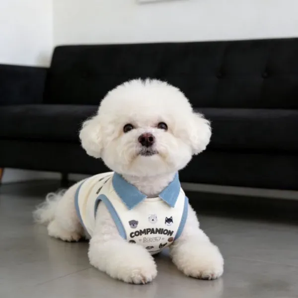Pet Dog Vest Denim Lapel Sleeveless Shirt Cartoon Dog Face Print Soft Cotton Clothes for Small Medium Puppy Kitten