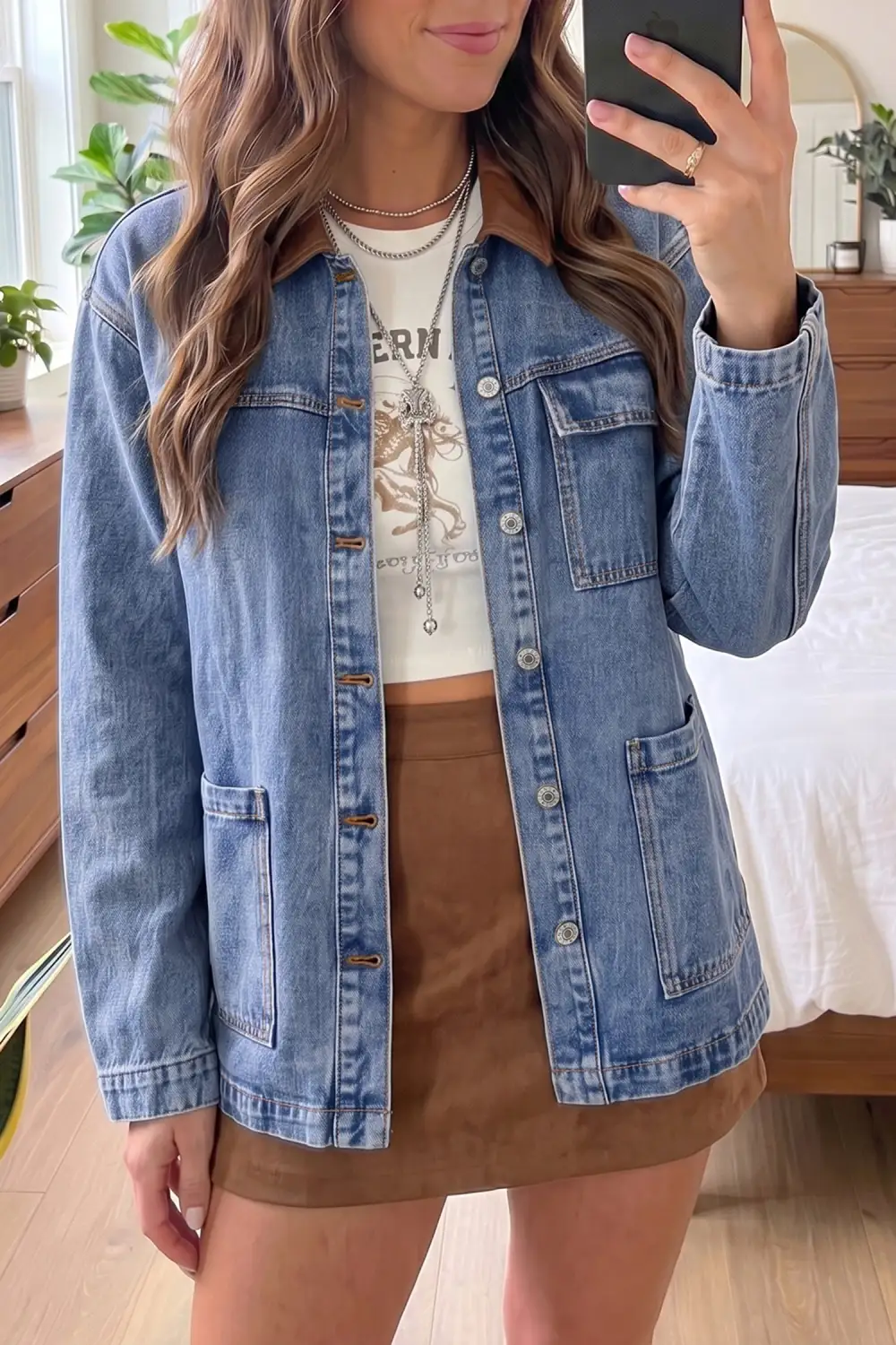 Women's Patchwork Leather Collar Long Sleeve Denim Jacket
