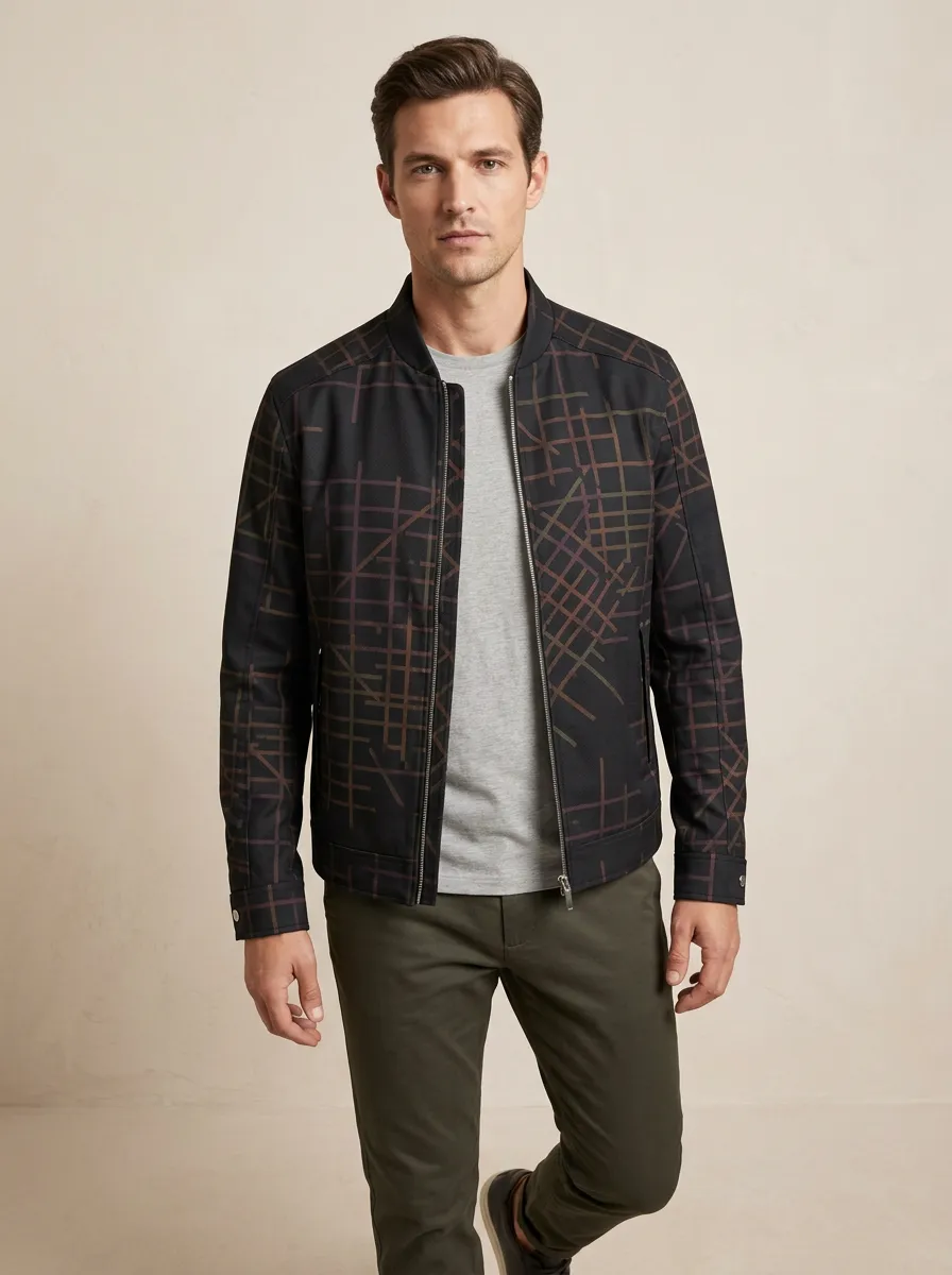 Grid Print Baseball Collar Bomber Jacket
