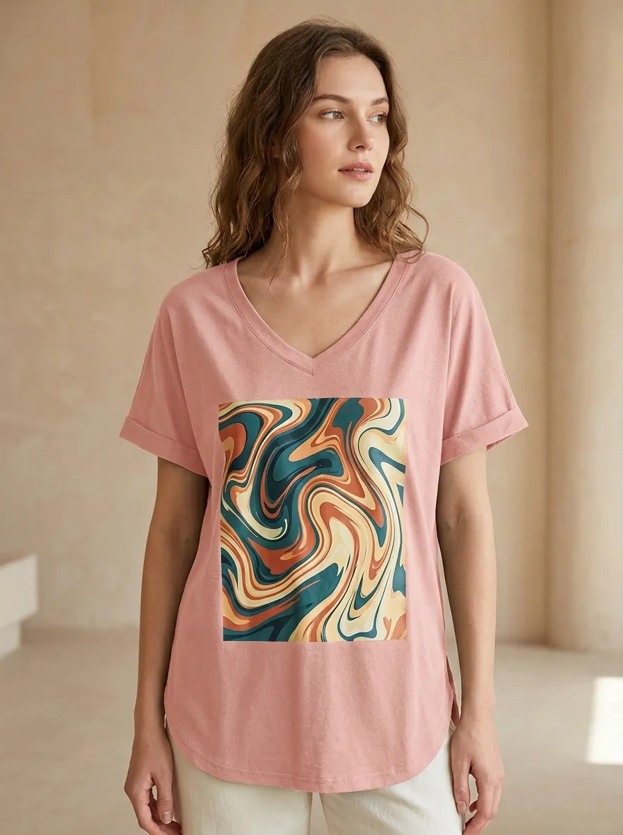 Women's Retro Abstract Art Swirl Printed V-Neck T-Shirt