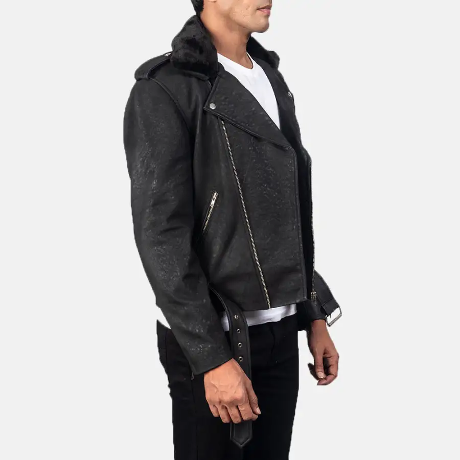 Men's Rugged Biker Leather Fur Trim Jacket