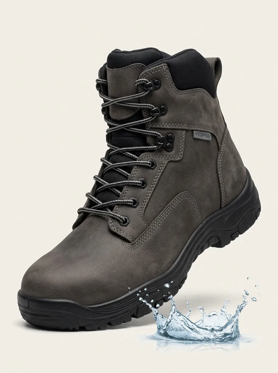 Unisex Outdoor Utility Waterproof Grey Leather Work Boots