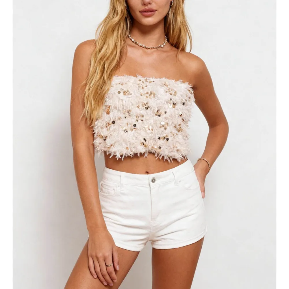 Chic Faux Fur Shiny Sequin Crop Tube Top