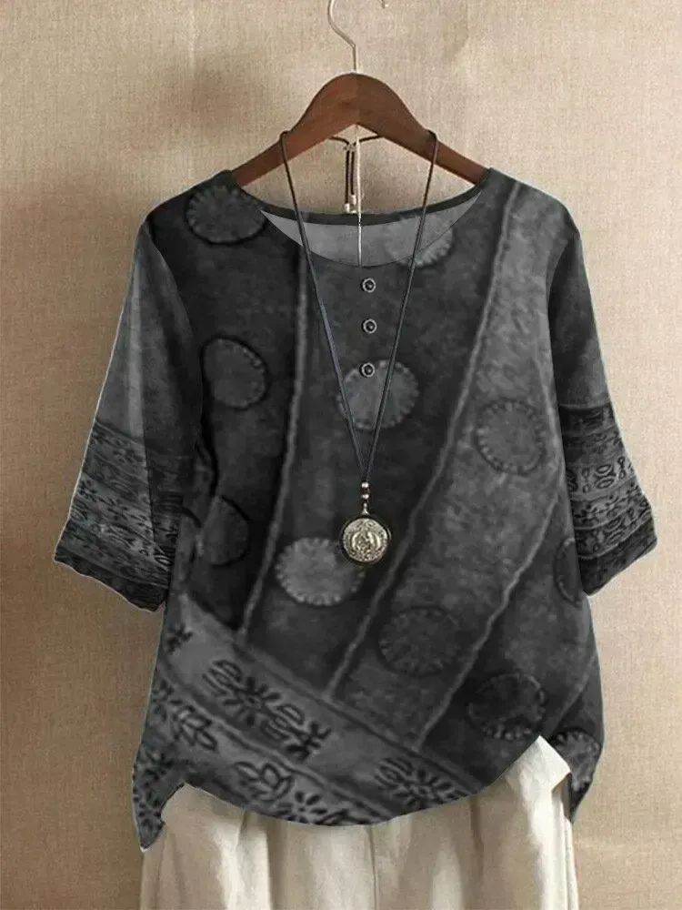 Tribal Pattern O-neck Half Sleeve Loose Women T-shirt
