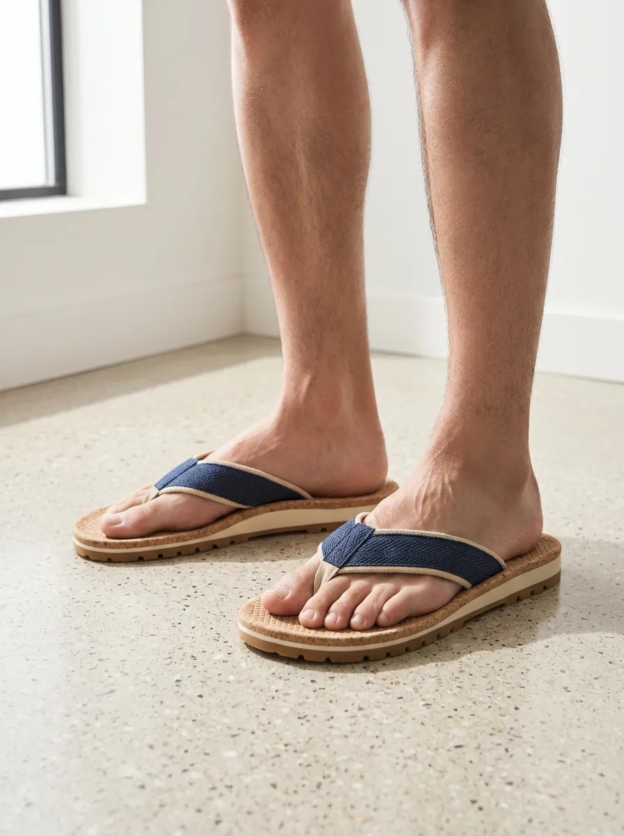 Men's Casual Beachwear Navy Herringbone Strap Cork Printed Flip Flops