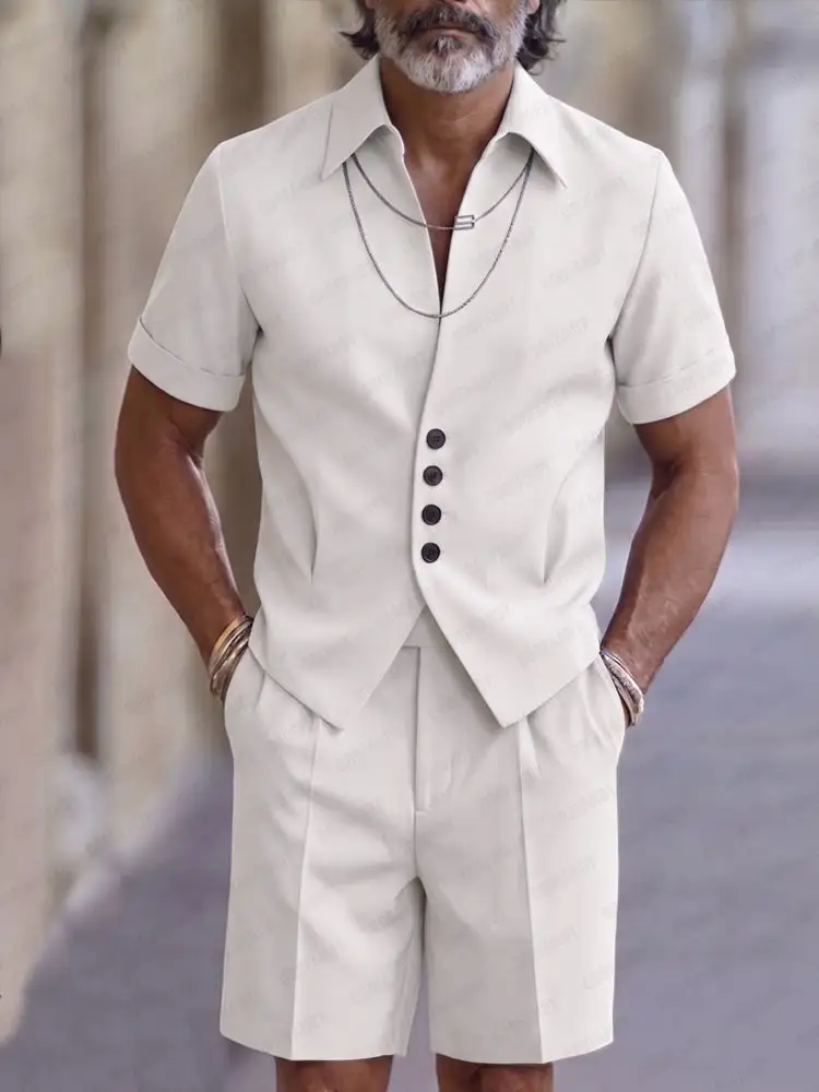 Button-Placket Woven Shirt & Shorts Set