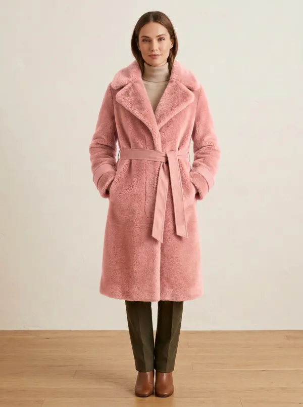 Textured Finish Faux Fur Belted Long Coat