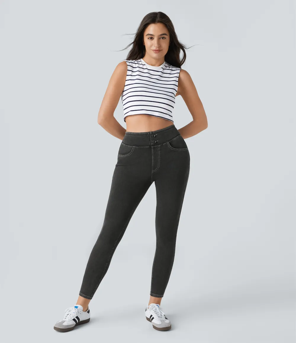 Magic Curvy High Waisted Decorative Button Multiple Pockets Stretchy Knit Denim Casual 7/8 Leggings