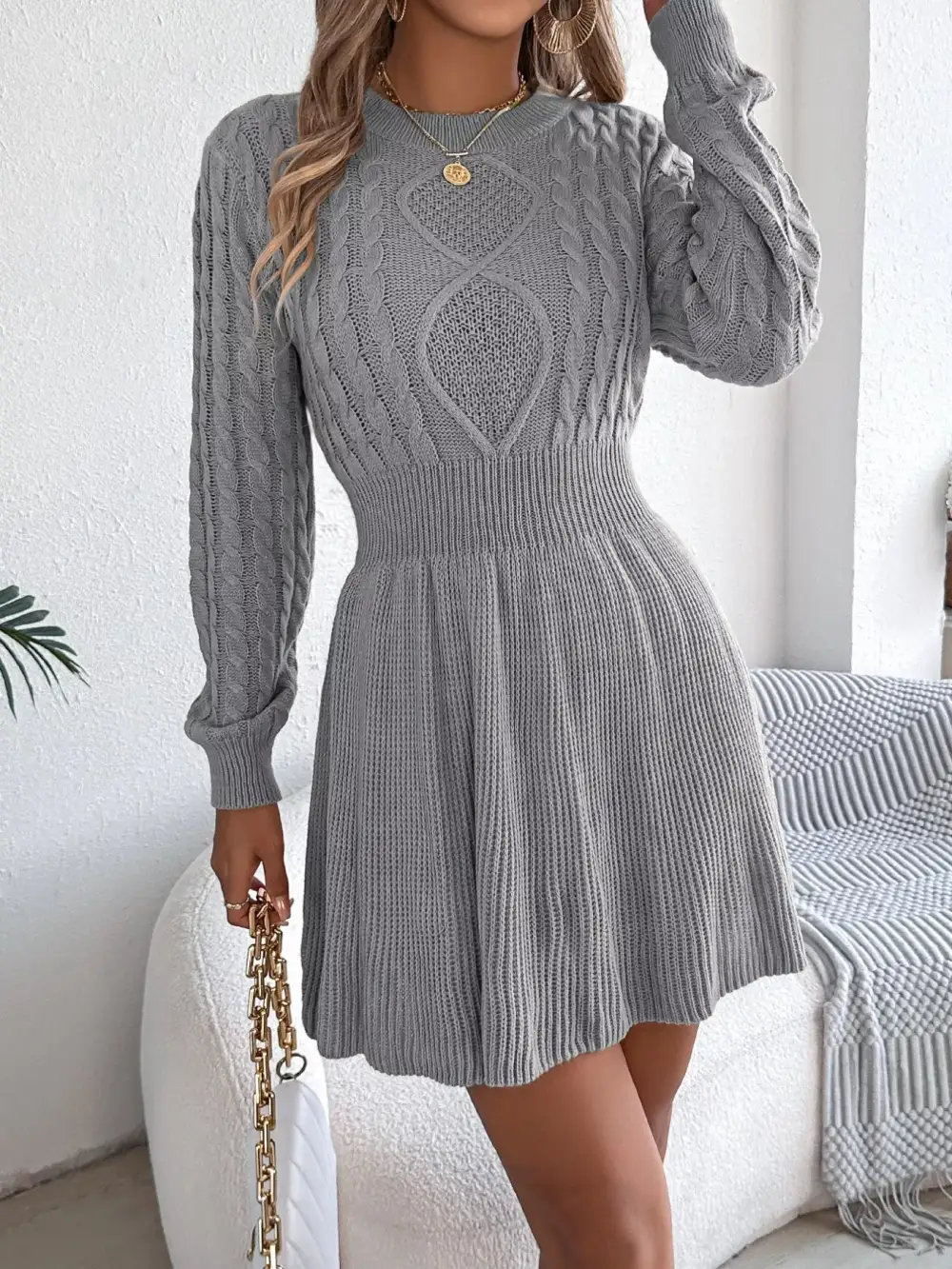 Gathered Detail Knit Long Sleeve Sweater Dress