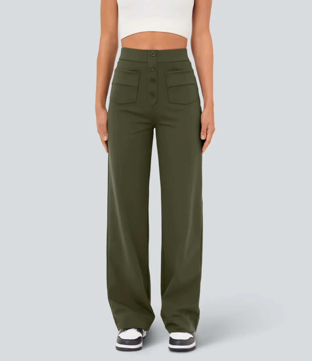 High Waisted Button Multiple Pockets Straight Leg Casual Pants