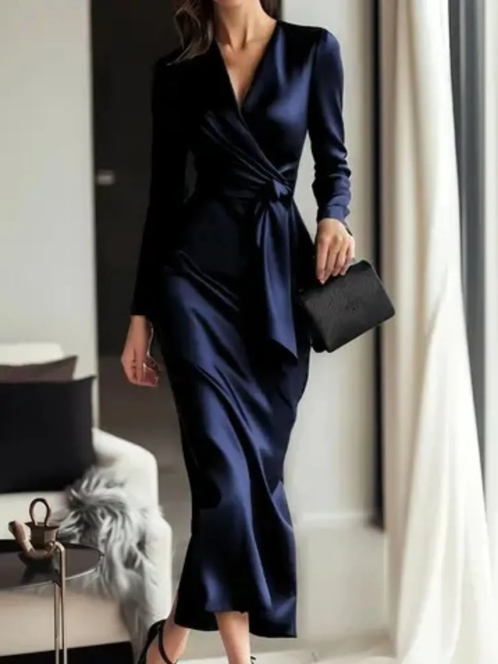 Satin Tie Waist Long Sleeve Dress Casual