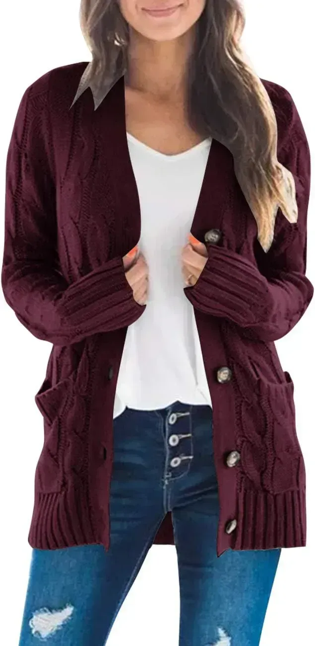MEROKEETY Women's 2024 Fall Long Sleeve Cable Knit Sweater Open Front Cardigan Button Loose Outerwear