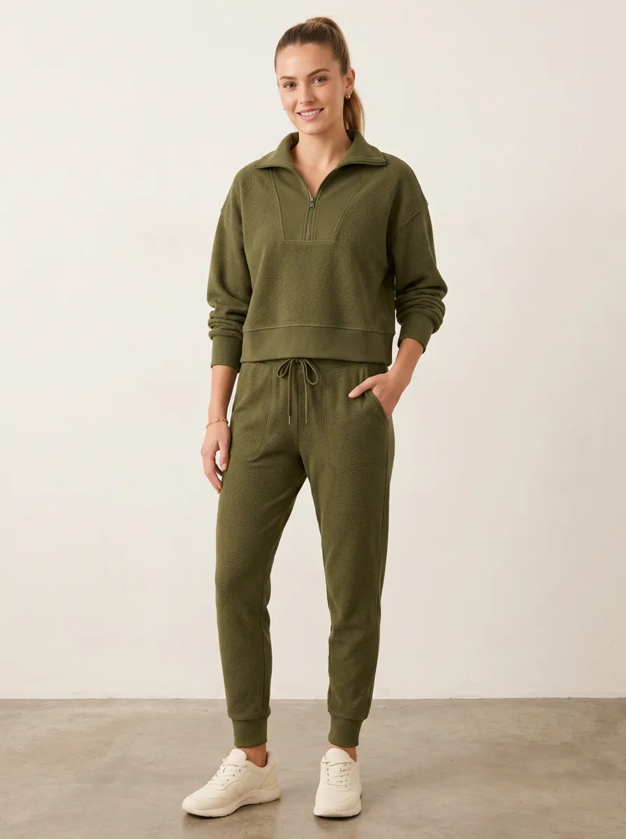 Women's Olive Green Quarter-Zip Textured Lounge Set