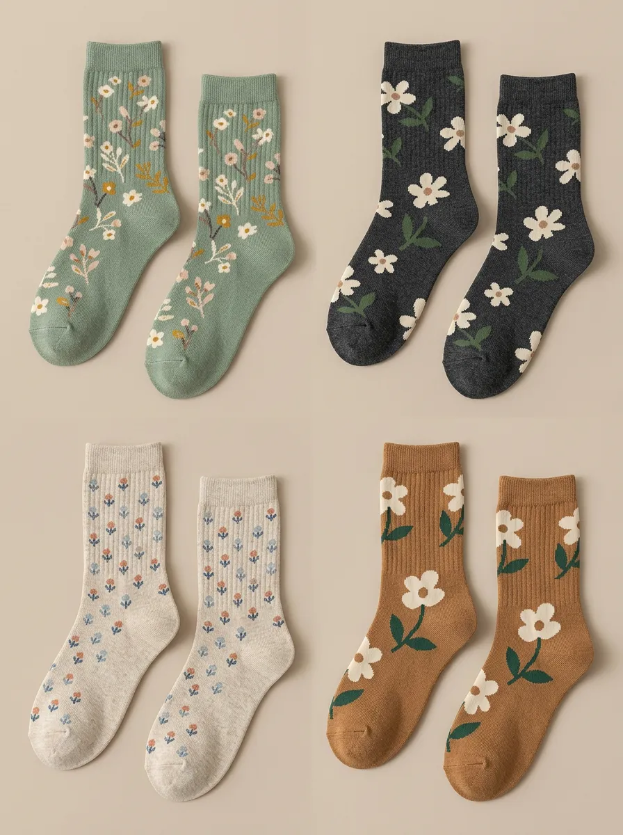 Women's Floral Mid Calf Crew Socks Four Pair Set