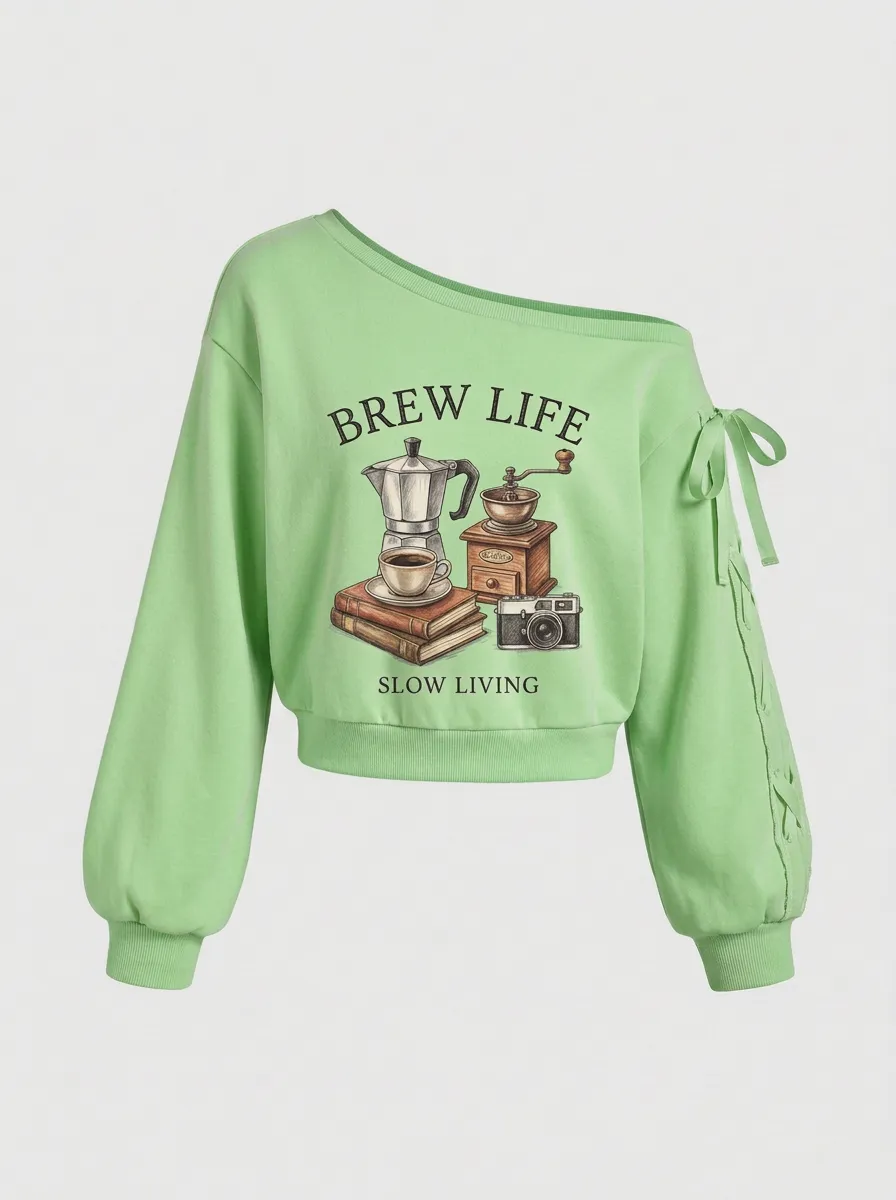 Women's Coffee-Inspired Brew Life Camera Printed Off-Shoulder Sweatshirt