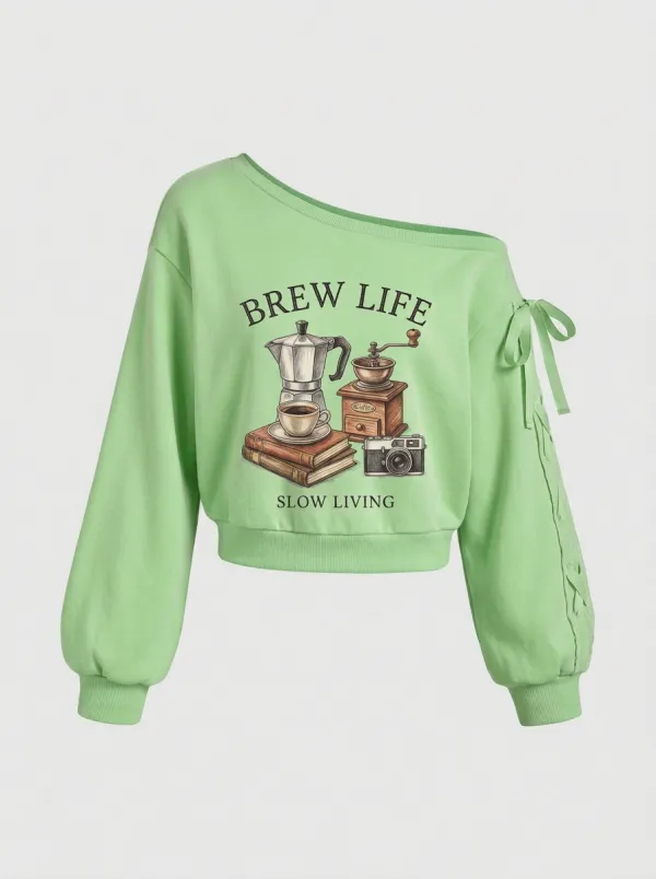 Women's Coffee-Inspired Brew Life Camera Printed Off-Shoulder Sweatshirt