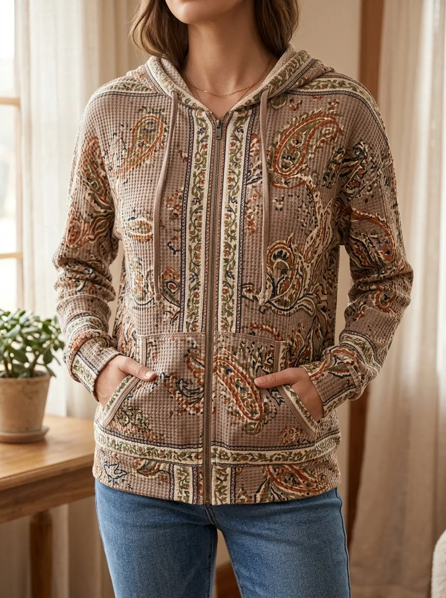 Women's Boho Paisley Signature Arrangement Waffle Zip-Up Hoodie