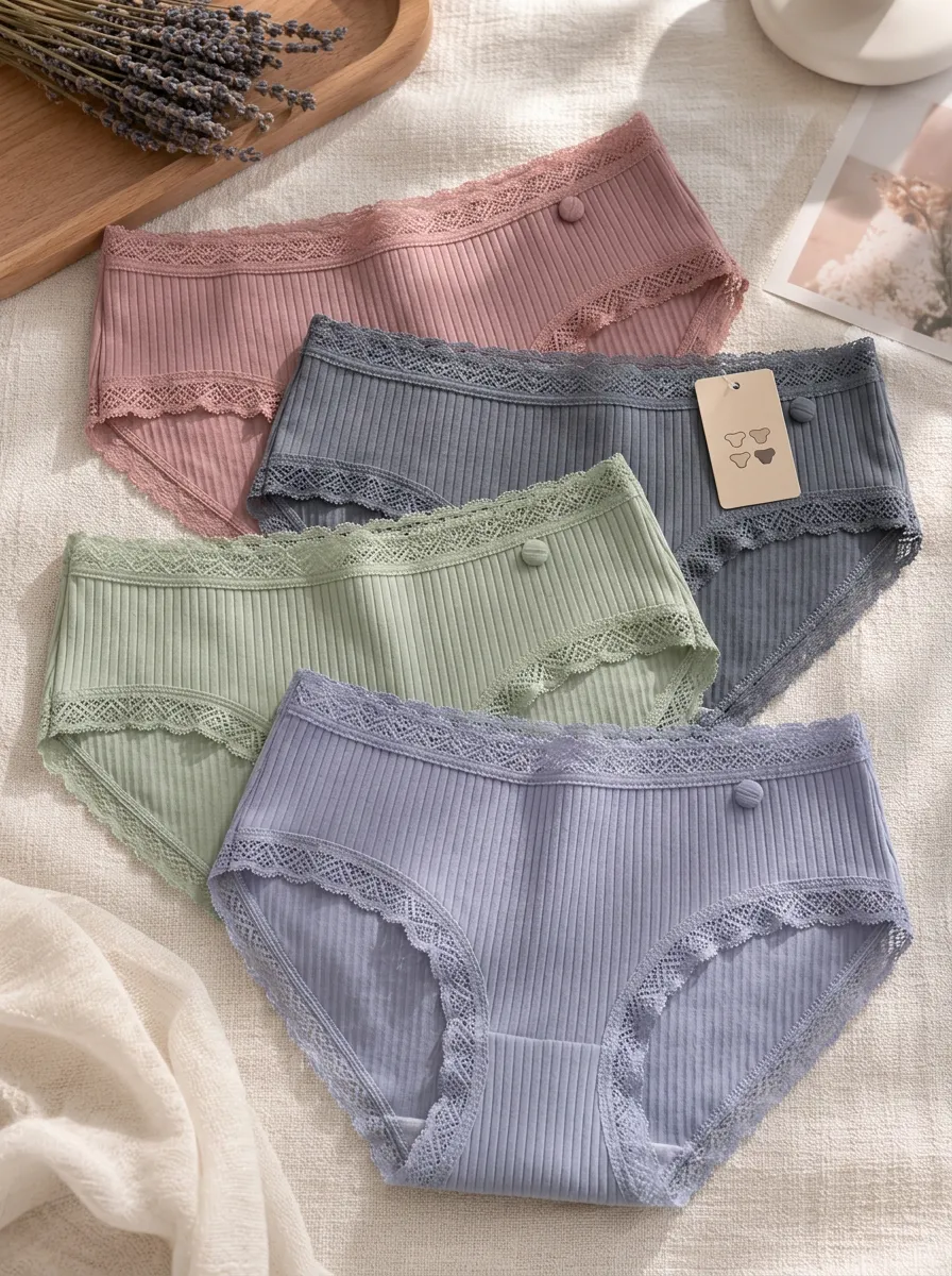 Women's Ribbed Lace Trim Button Detail Panties Set